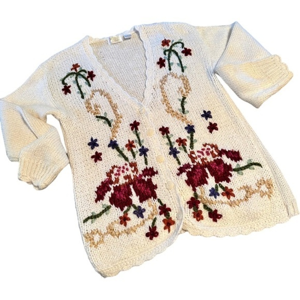 Vintage 70’s Needles & Yarn Floral Embroidered Cardigan Button Front Sweater